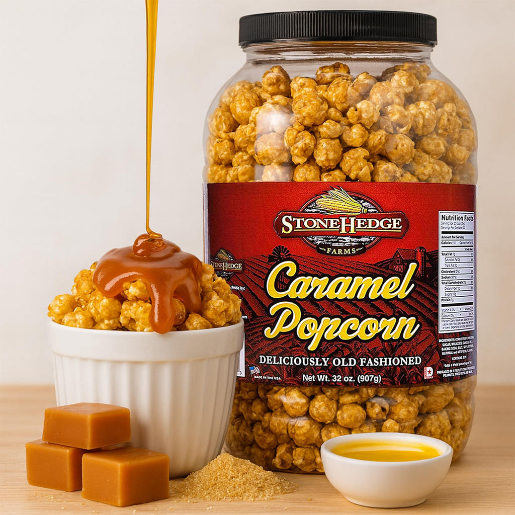 Stonehedge Farms Caramel Flavored Popcorn | 32 oz Large Tub | Perfect for Holidays and Christmas | Bulk Gourmet Popped Sweet Snacks | Carmel Pop Corn | 2 Pound Gift