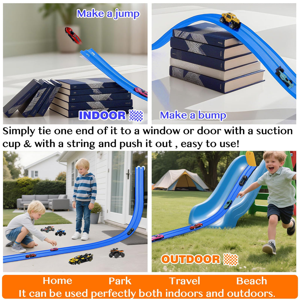 Flexible Race Track Toys for Kids: 15ft Flexible Car Track with Suction Cups - Portable Roll-Up DIY Racetrack Compatible with 1:64 Scale Diecast Cars for Boys & Girls Ages 3+