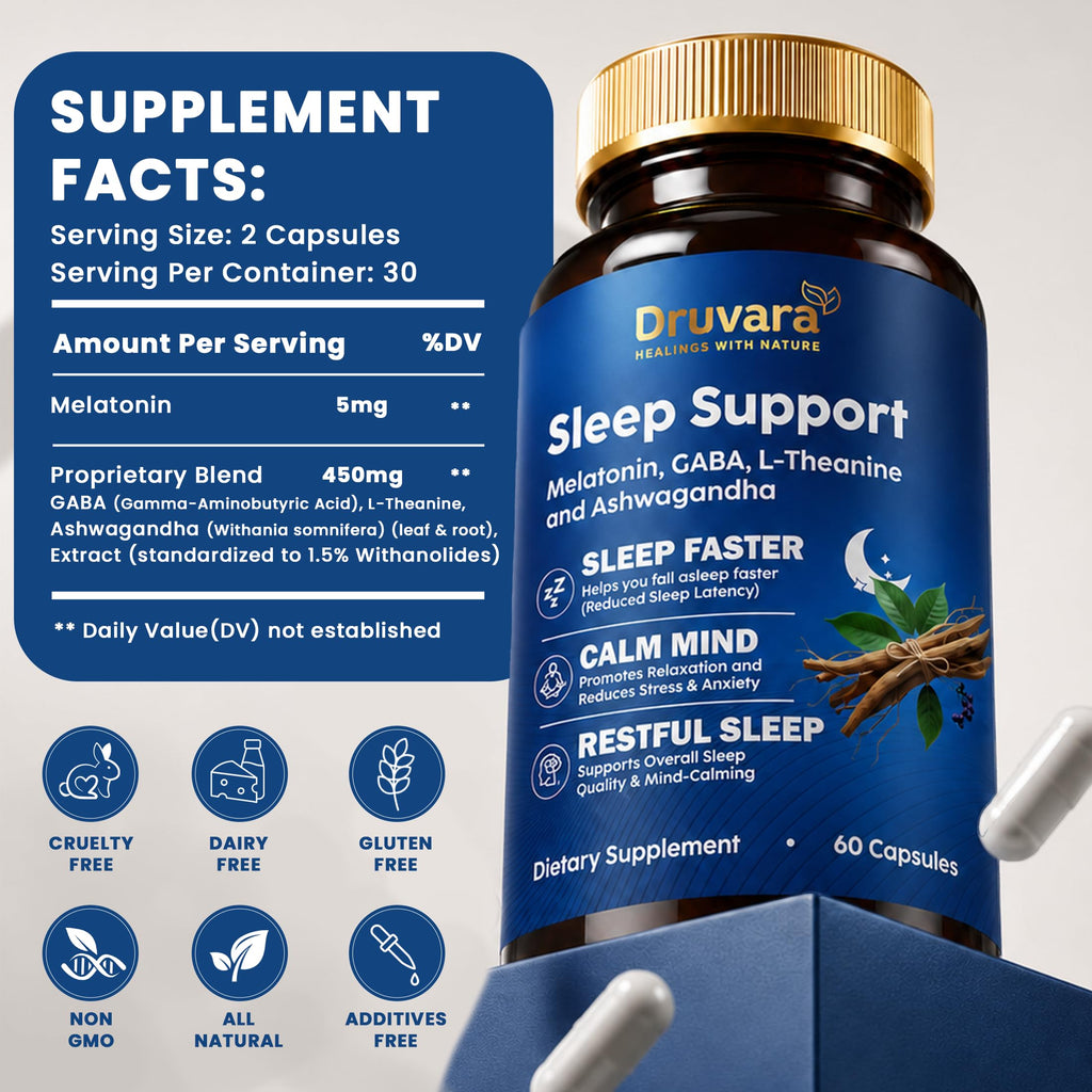 Druvara Natural Sleep Aid for Adults with Melatonin, GABA, L-Theanine & Ashwagandha, Natural Sleep Supplement for Deep, Restful Sleep - 60 Capsules