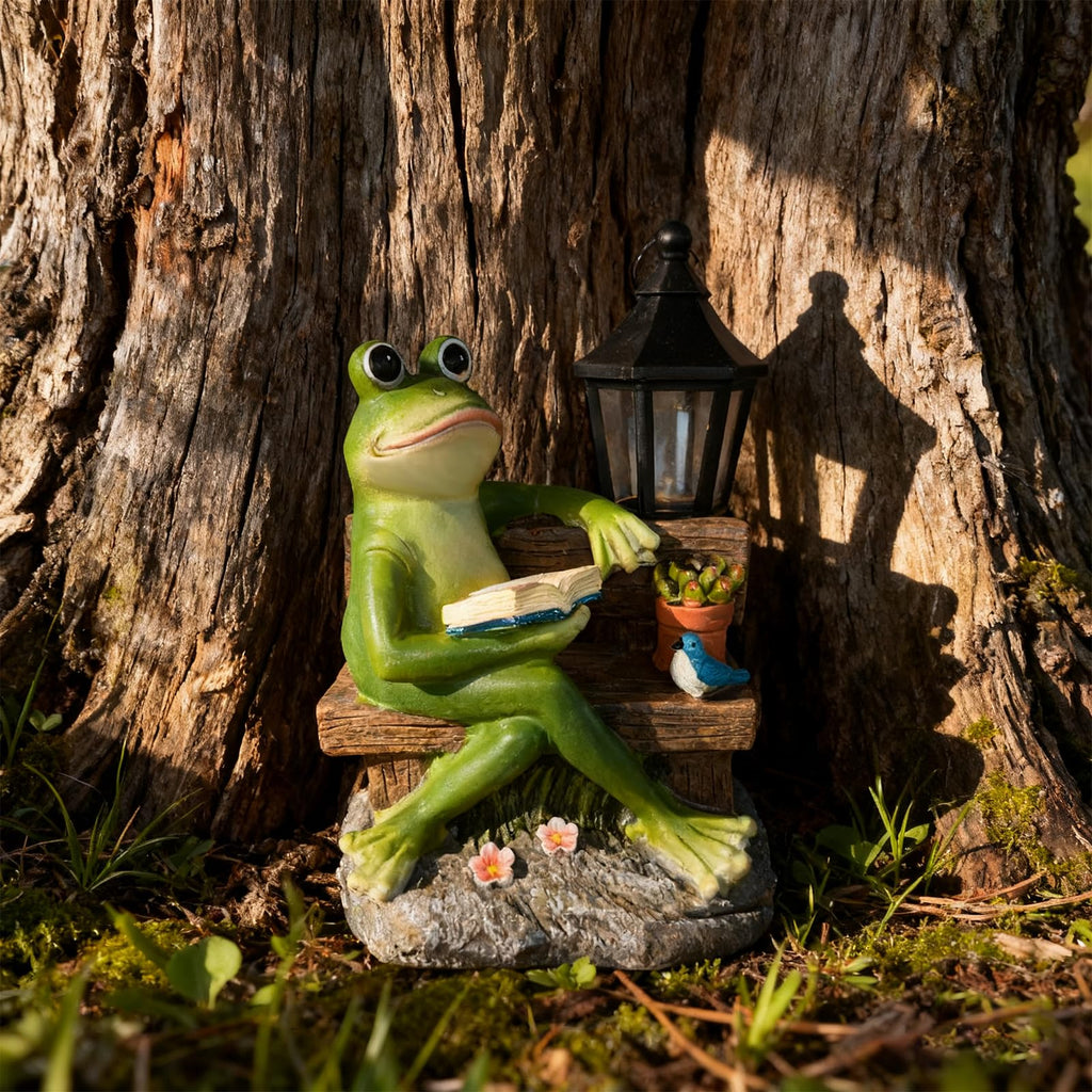 SAMPU Craft Reading Frog Solar Garden Statue with Lantern Light
