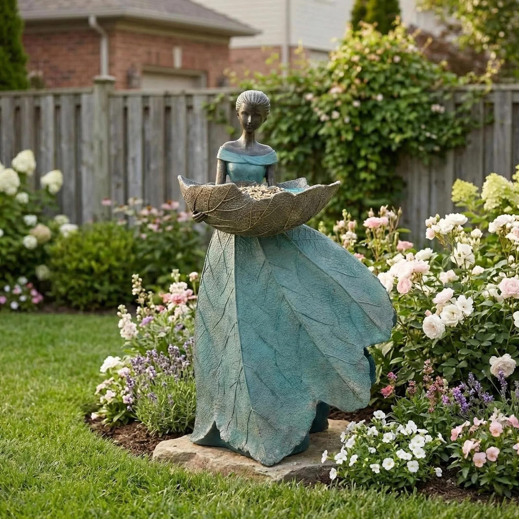 DiliComing Fairy Garden Statues Bird Feeder - 12 Inch Outdoor Fairy Statue
