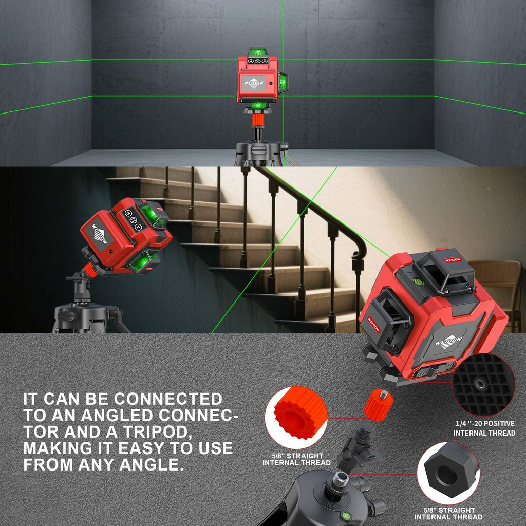 weiddw Laser Level with Tripod, Self Leveling Laser Level 4x360°, Green Line Laser 4D Laser Leveler Tool with 2Pcs Lithium Batteries for Picture Hanging, Tile, Home Renovation, Indoor