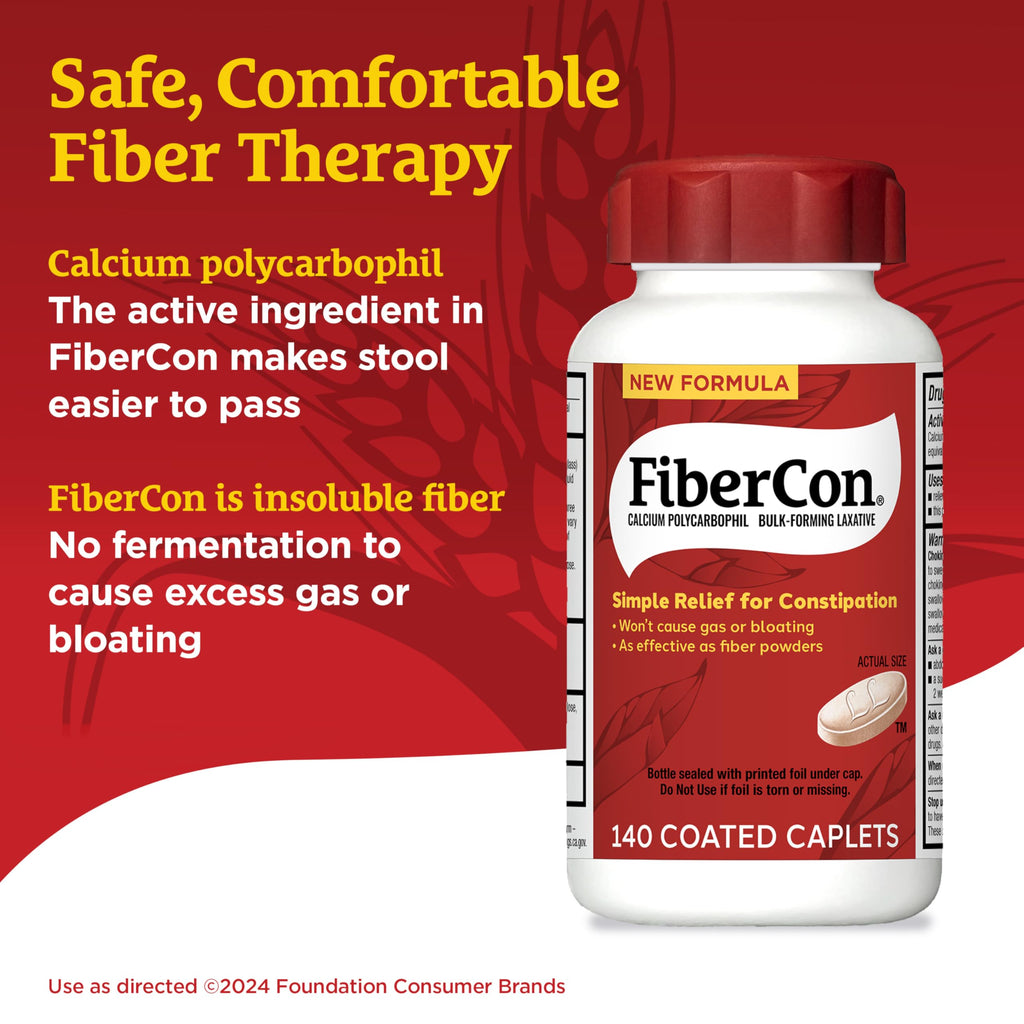 FiberCon Fiber Therapy Coated Caplets, Safe, Simple & Comfortable Insoluble Fiber for Bowel Irregularity, Comfortable Constipation Relief with No Gas or Bloating, 140 Caplets (Pack of 2)