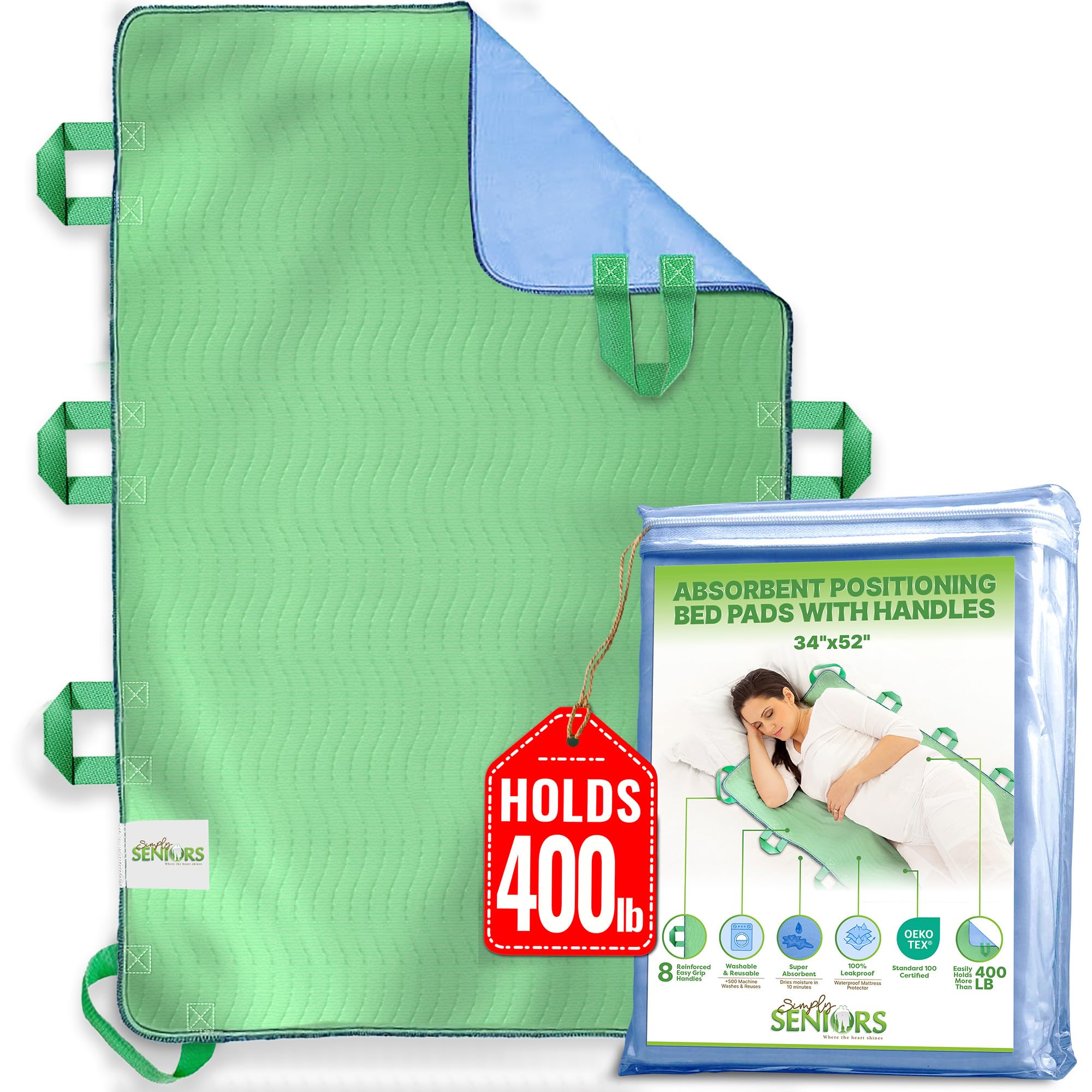 Absorbent Positioning Bed Pads for Elderly with 8 Handles 34"x52"- Washable Waterproof Incontinence Draw Sheets - Reusable Bed Mobility Under Pads for Seniors Disabled & Bedridden Patients-Fast-Drying