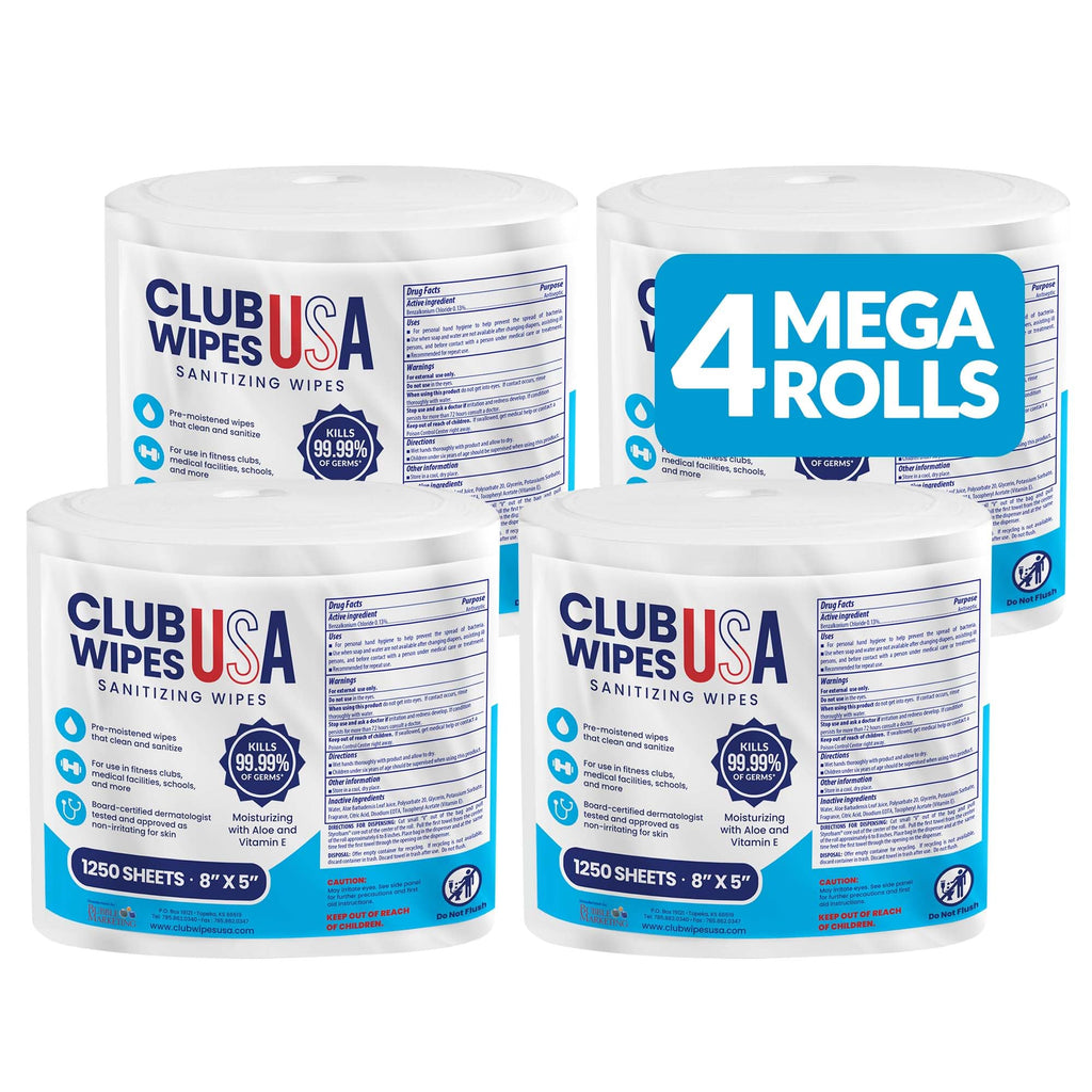 Club Wipes USA Sanitizing Wipes: 5000 Unscented Wipes (8" x 5"): 4 Refill Mega Rolls for Floor Stand and Wall Dispensers - For Gyms, Restaurants, Offices