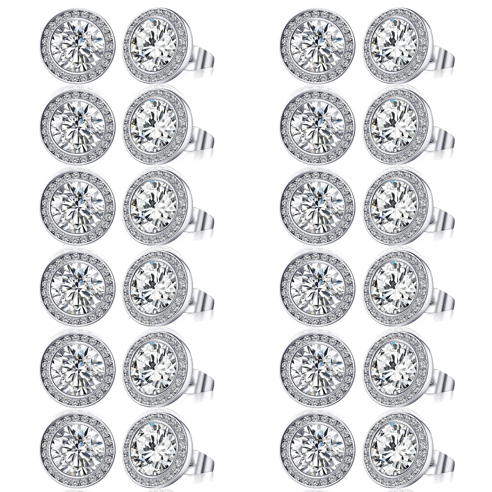 Bonuci 12 Pairs 15 mm Dance Competition Earrings Rhinestone Studs Round Earring Bulk Silver Jewelry Women Performance Wedding(Ear Stud)