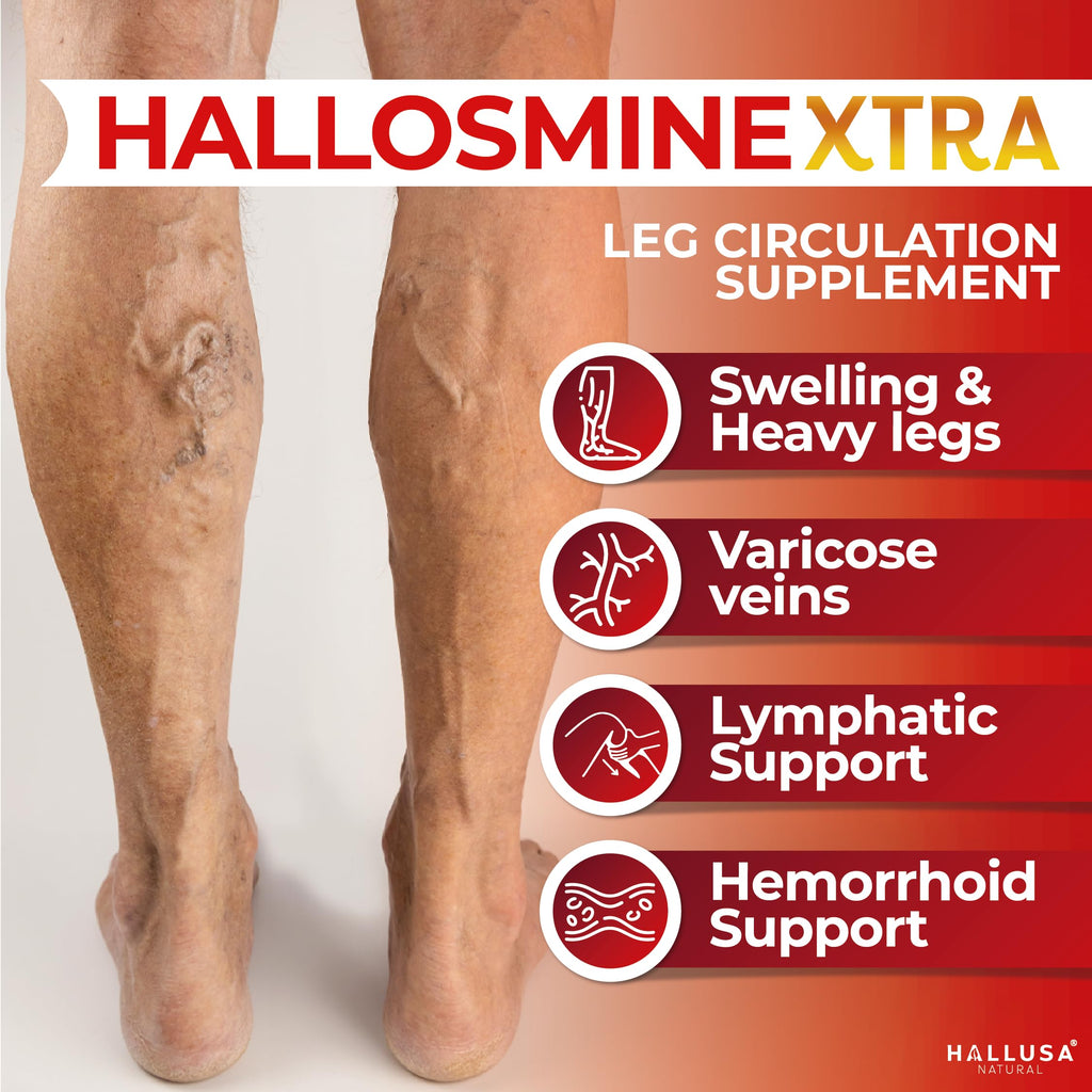 Hallosmine Xtra Circulation & Vein Support, Diosmin, Horse Chesnut & Hesperidin 850mg + FREE Leg Cream | Leg Circulation, Varicose Veins, Spider Veins, Hemorrhoids, Blood Flow, 60 capsules