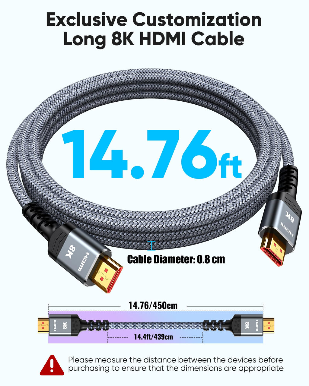 Highwings 8K@60 Long HDMI Cable 15FT, 48Gbps High Speed HDMI to HDMI 2.1
