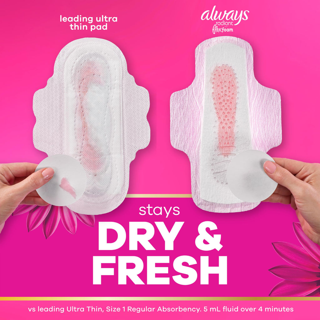 Always Radiant Feminine Pads for Women, Flexfoam Pads with Wings, Size 2, Heavy Absorbency, Lightly Scented, 78 Count (3 Packs of 26)