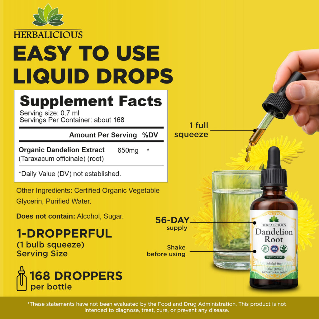 HERBALICIOUS Dandelion Root Extract Liquid Drops 4 oz (Alcohol Free) – Organic Dandelion Root Extract 650mg per Serving, Easy-to-Use Liquid Tincture with Vegetable Glycerin, 168 Servings