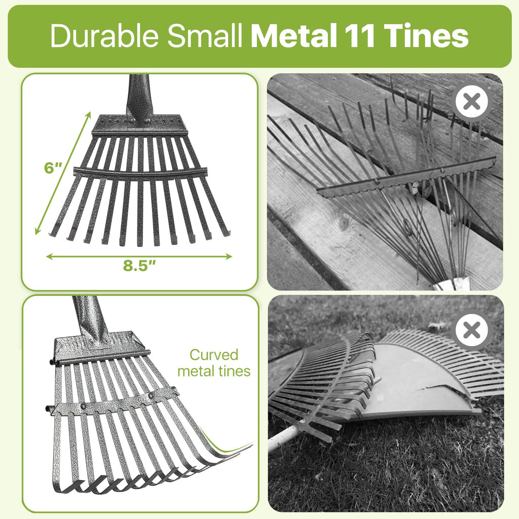 Rake for Leaves, Small Leaf Rake for Garden, 70-inch Adjustable Metal Rakes-Tool with 11 Steel Tines for Gardening, Yard, Shrub, Flower Beds, Lawns