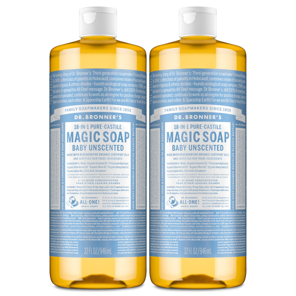 Dr. Bronner's Magic Soap-Pure-Castile Liquid Soap (Baby Unscented, 32 ounce, 2-Pack)-Regenerative Organic Certified Oils, 18-in-1 Uses: Body, Laundry & Dishes, For Sensitive Skin, No Fragrance