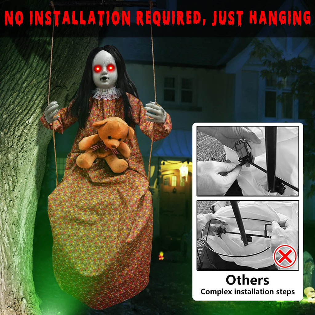 Scary Halloween Decorations Outdoor, 45-Inch Hanging Swinging Doll Girl