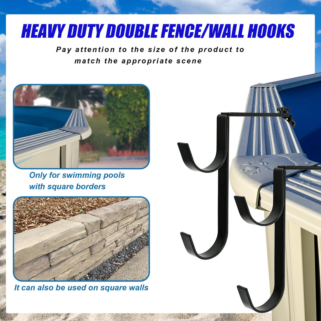 Desunqin Metal Pool Pole Hangers for Above Ground Pool, Adjustable Double Hooks for Poles Skimmers, Heavy Duty Pool Tool Holder