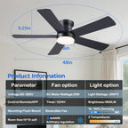 Ayaoty Ceiling Fans with Lights - 48" Black Flush Mount Ceiling Fan Light with 6 Speeds 3CCT Dimmable, Revesible Motor, Low Profile Fan Light for Modern Indoor Bedroom, Kitchen