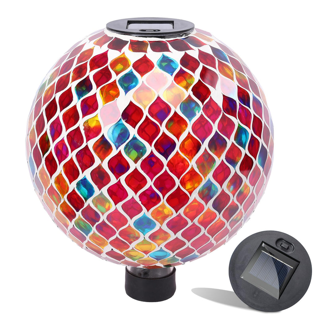VCUTEKA Solar Gazing Ball, 10" Mosaic Glass Garden Globe Outdoor Decor, Red