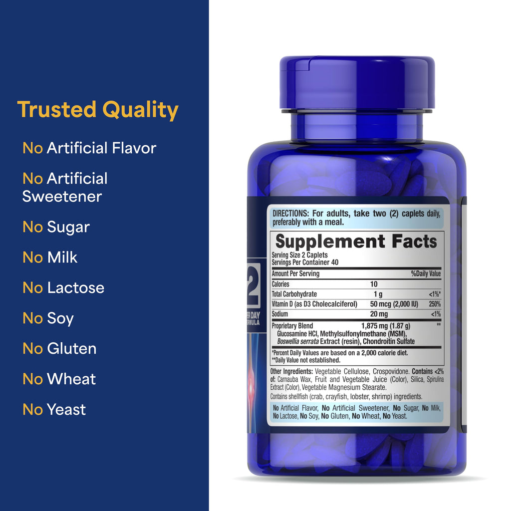 Puritan's Pride Advanced Glucosamine Chondroitin MSM With Vitamin D3 50mcg (2000 IU), Dietary Supplement for Joint Health, 80 Coated Tablets