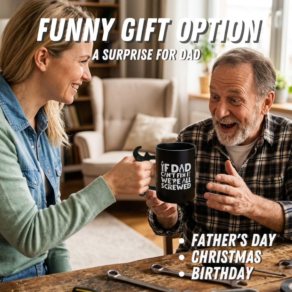 Onebttl Coffee Mug With Wrench Spanner Handle - Dad Gifts From Daughter and Son, 13.5oz Funny Ceramic Mug for Father's Birthday, Father's Day, Christmas - Dad Can Fix