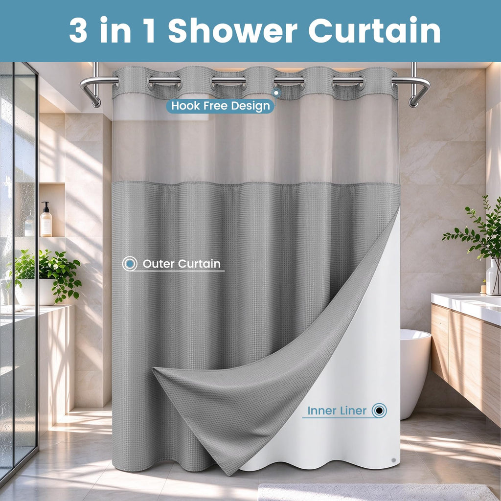 Ringless Waffle Shower Curtain with Snap in Liner Set,  71x74, Grey