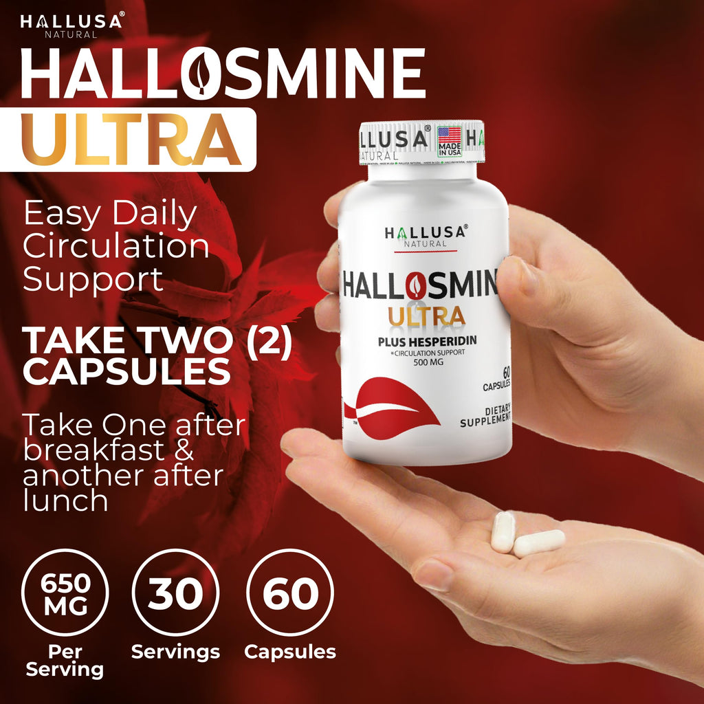 Hallusa Natural Hallosmine Ultra Diosmin 500mg & Hesperidin 150mg – Heavy Legs, Swelling & Vein - Blood Circulation Supplements, 60 Caps