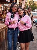 SOMSOC 5 Pieces 1950s Women Pink Satin Jacket with Polka Dot Scarf Headband Earrings Eye Glasses Halloween Party Costume Set