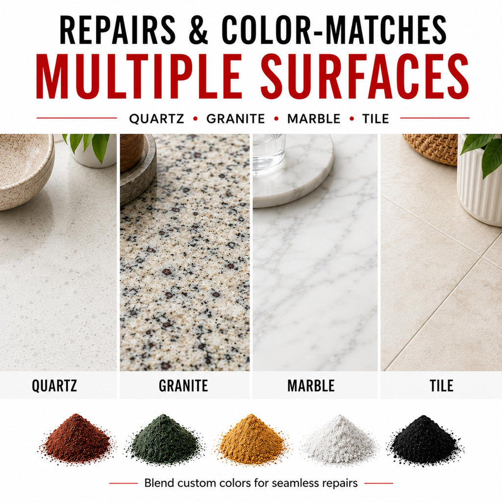 Instant Install 29 Complete - 4 oz Epoxy Permanent Repair Kit with EZ-Tint 10 g 5-Pack, Mixing Sticks, Razor, & Shaping Strip - Granite, Marble, & Tile - Rebonds & Rebuilds - Dry in 29 Minutes