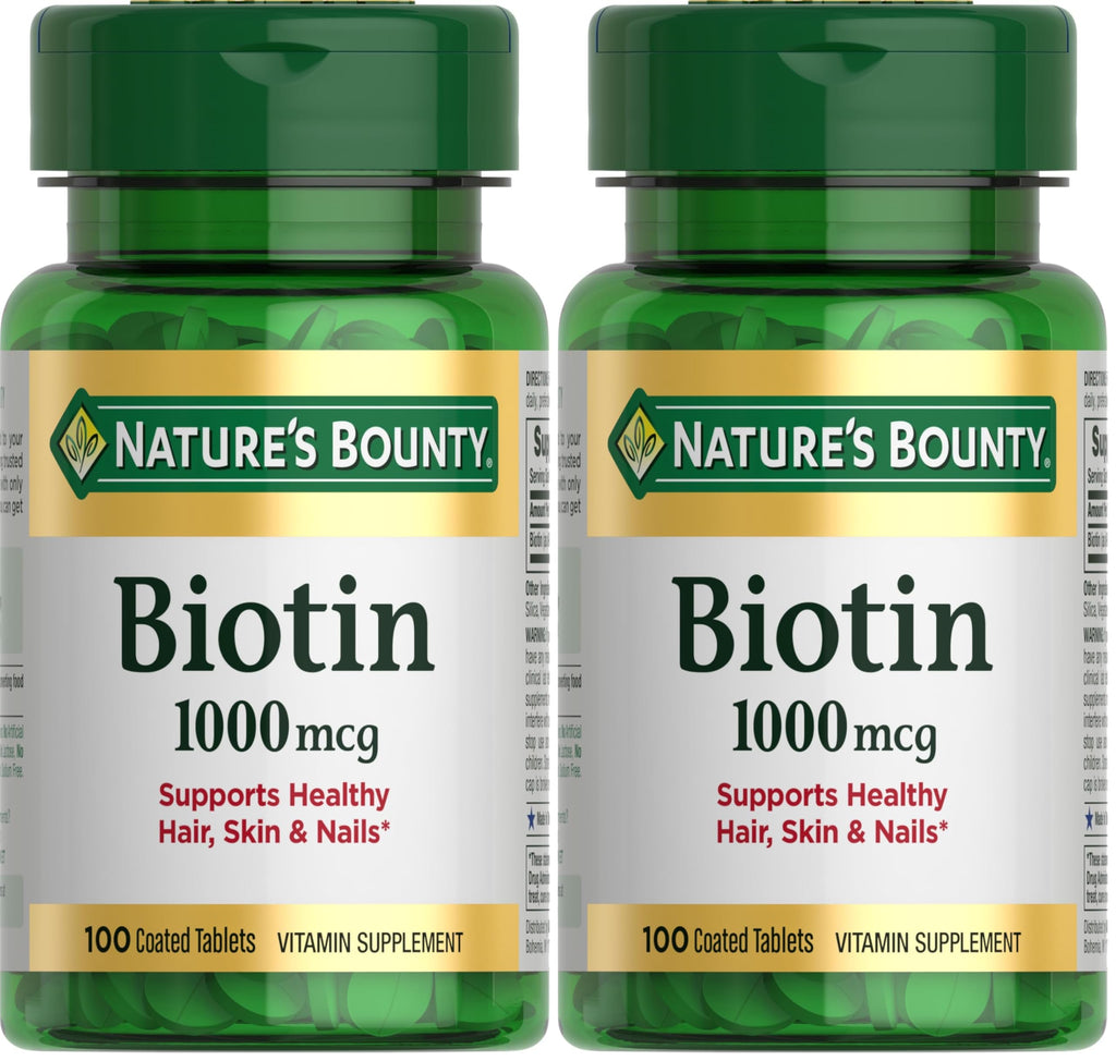Nature's Bounty Biotin, Supports Metabolism for Energy and Healthy Hair, Skin, and Nails, 1000 mcg, 100 Tablets (Pack of 2)