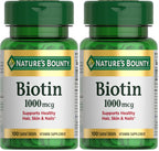 Nature's Bounty Biotin, Supports Metabolism for Energy and Healthy Hair, Skin, and Nails, 1000 mcg, 100 Tablets (Pack of 2)