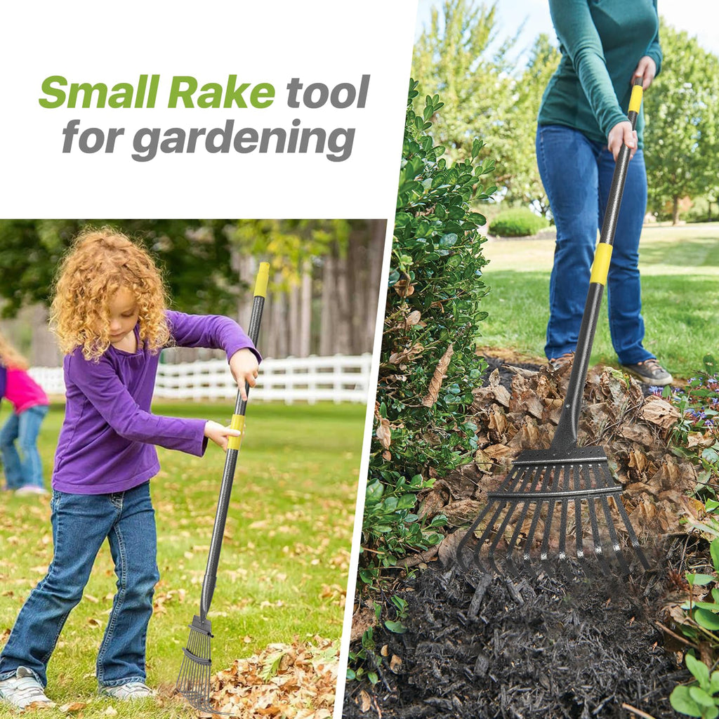 Rake for Leaves, Small Leaf Rake for Garden, 70-inch Adjustable Metal Rakes-Tool with 11 Steel Tines for Gardening, Yard, Shrub, Flower Beds, Lawns