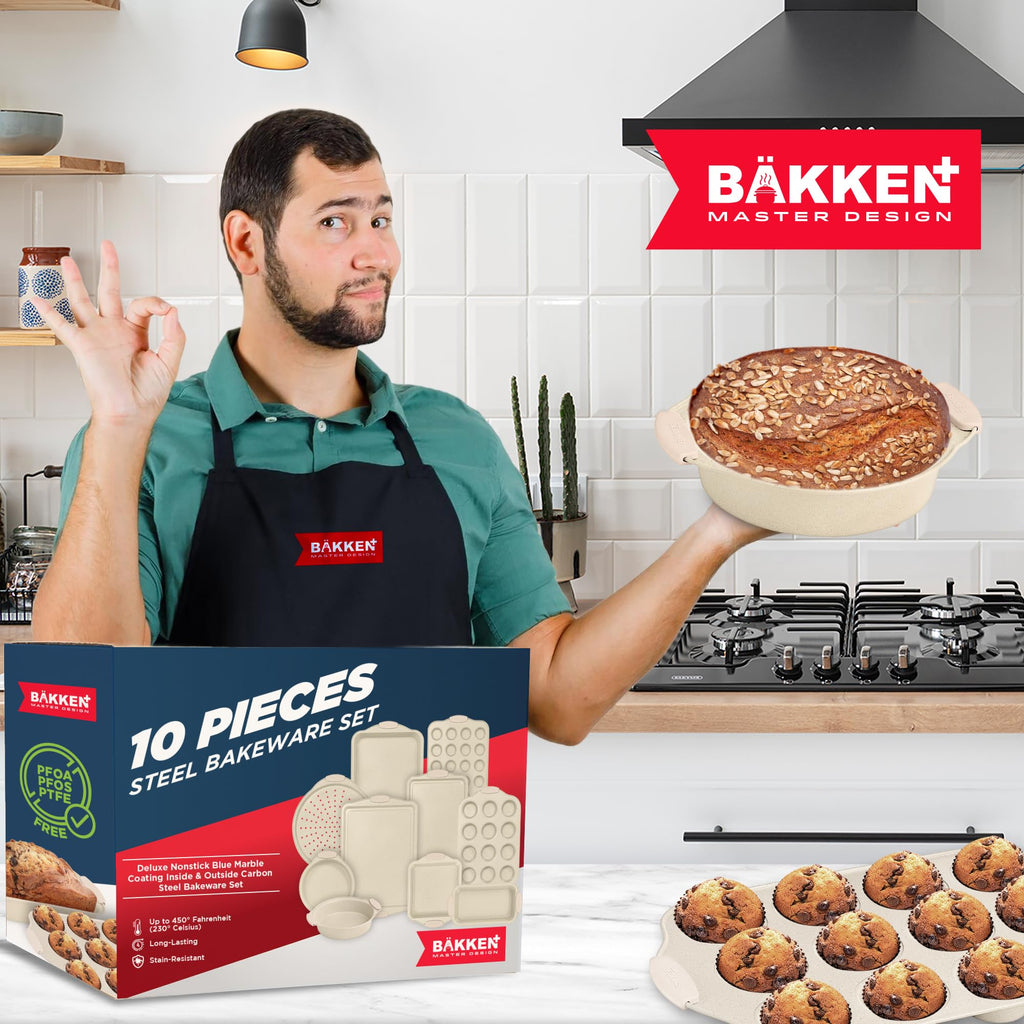 BAKKEN Kitchen Oven Baking Pans - Nonstick Gray Coating, Carbon Steel Bakeware Set with White Silicone Handles, Commercial Restaurant Quality Pans, PFOA, PFOS, PTFE Free, Oven Safe (450° F), Set of 10