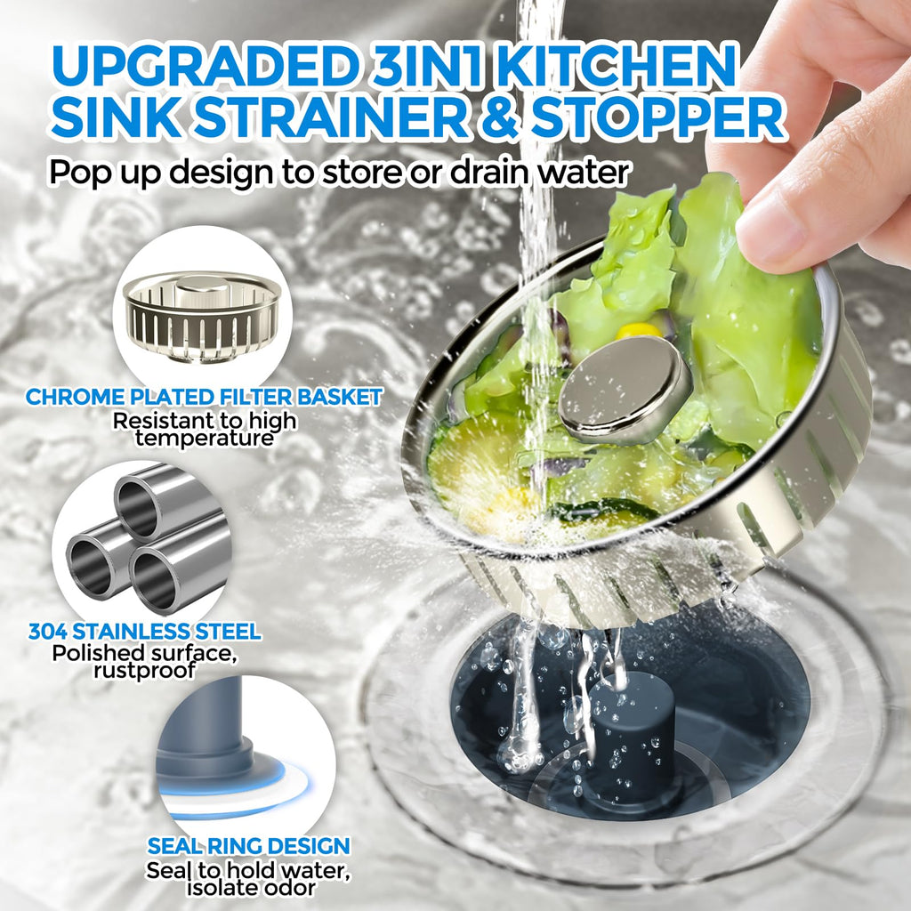 zaa Kitchen Sink Drain Strainer - Kitchen Sink Stopper, 304 Stainless Steel Sink Drain Stopper, Sink Protector for Kitchen with Anti-Clog Filter, Fit US Standard 3-1/2'' Sink Drain Hole, Nickel