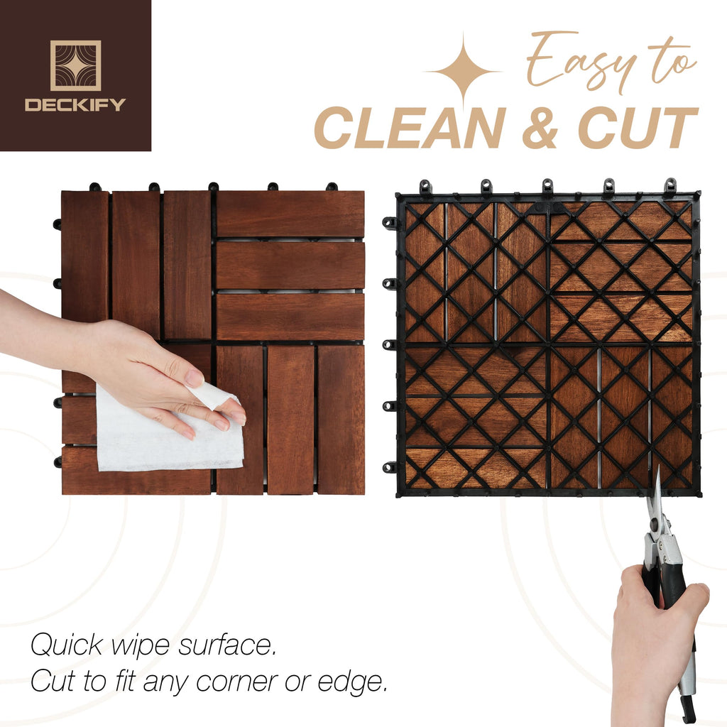 DECKIFY 9Pcs Acacia Wood Interlocking Patio Deck Tiles, 12 x 12 x 0.9 Inch Outdoor Flooring, Waterproof for All-Weather Use – Crossed, Dark Brown