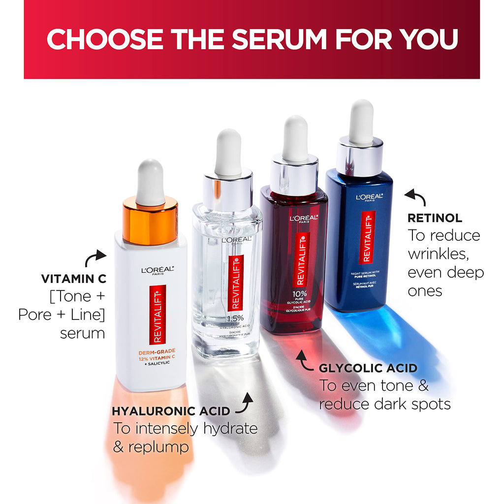 L'Oreal Paris Revitalift 0.3% Pure Retinol Night Serum, Reduce Deep Wrinkles, Fragrance Free 1 oz + Moisturizer Sample