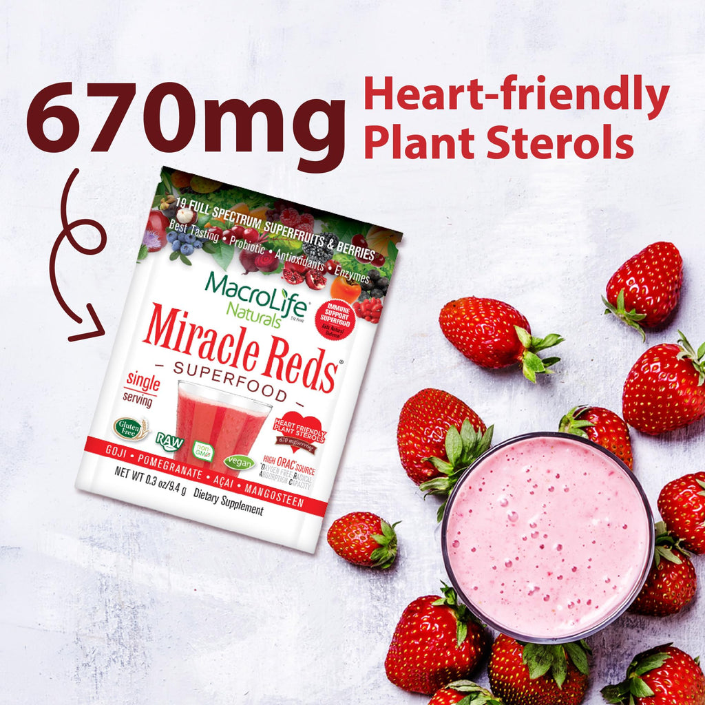 MacroLife Naturals Miracle Reds Superfood Powder 19 Blended Fruit & Berry Polyphenols Enzymes Probiotics & Antioxidants Supplement - Raw Non-GMO & Vegan Whole Food Vitamins - 12 Packet Servings