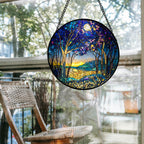 QZQCBLC Stained Glass Window Hanging Blue Purple Forest Trees Landscape Moon 6.3" - Suncatcher Door Garden Sun Catcher Home Decor Birthday Christmas for Mom Men Woman Nana