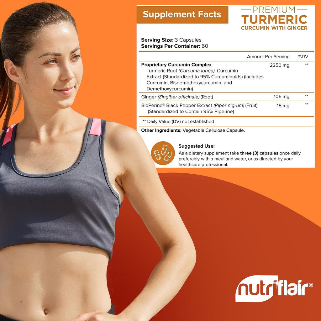 NutriFlair Turmeric Curcumin with Ginger and BioPerine Black Pepper Supplements, 180 Capsules - 95% Curcuminoids - Joint Support, Antioxidant, Anti Aging - Natural, Non-GMO, Vegan Best Maximum Potency