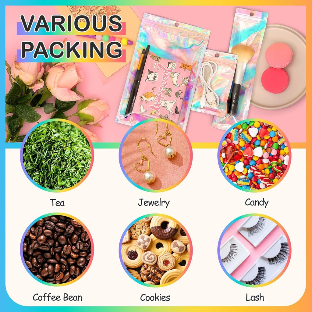 FUNFERY 6.3x9.4 SmellProof Holographic Resealable Bag,Clear Mylar Favor Bag