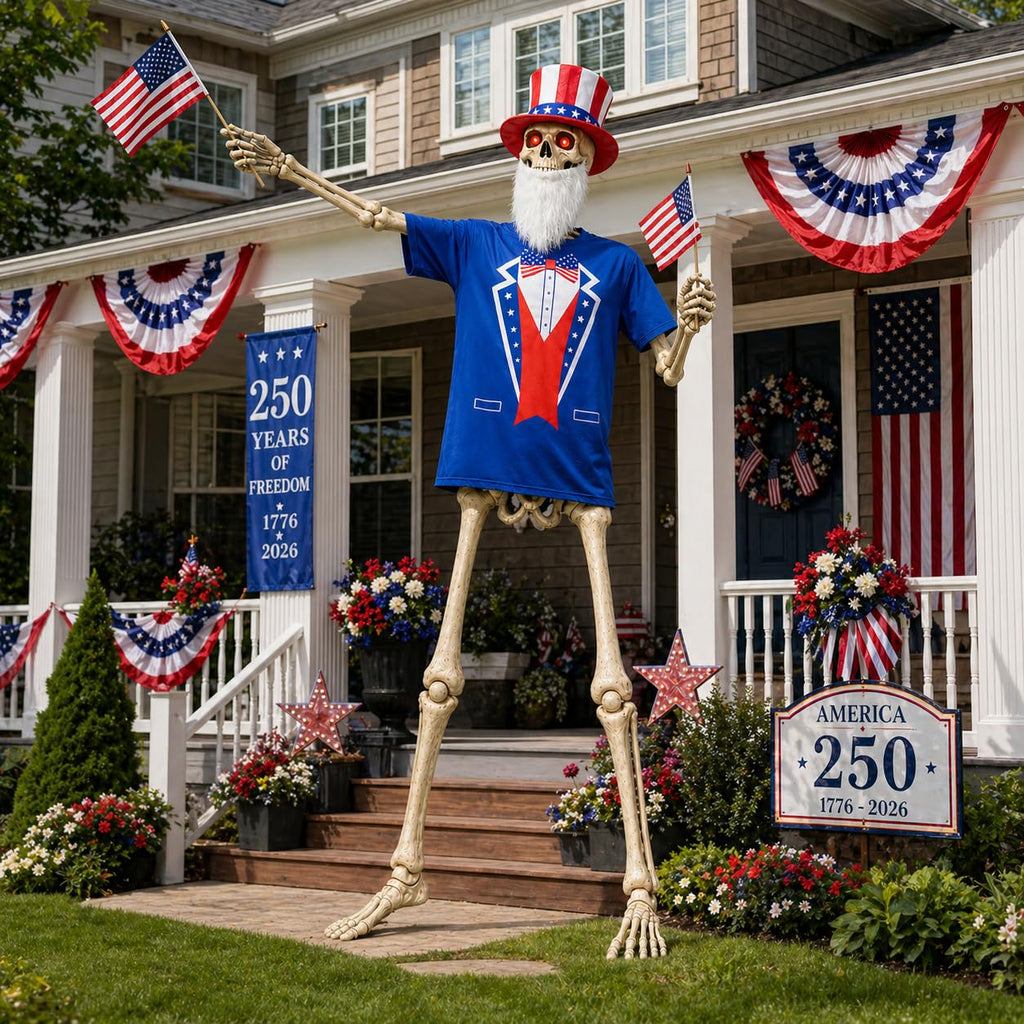 JcHrmers 12 ft Skeleton Patriotic Outfits 4th of July Skeleton Tuxedo T-Shirt Clothes with Hat Flags Beard Funny Giant Skull Clothing for Independence Day Summer Holiday Outdoor Decor