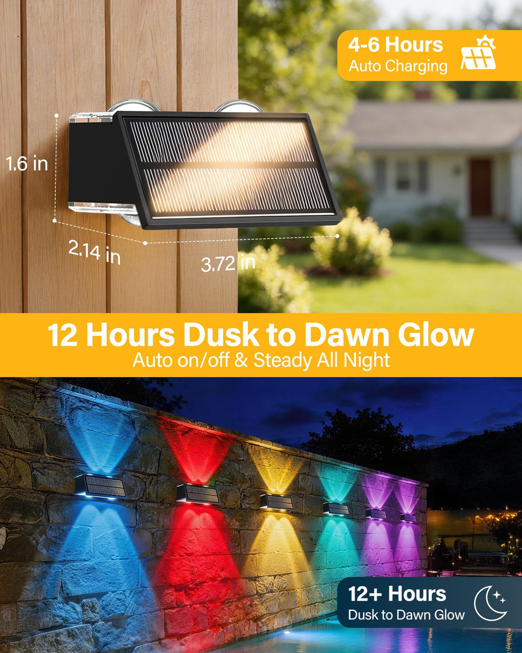 Toeuie Solar Fence Lights Outdoor, 12 Pack 100LM Fence Lights Solar Powered Waterproof, 9 Color Modes, Up & Down LED Focused Beam, 12H Dusk to Dawn Glow for Pool/Patio/Wall/Backyard - Black
