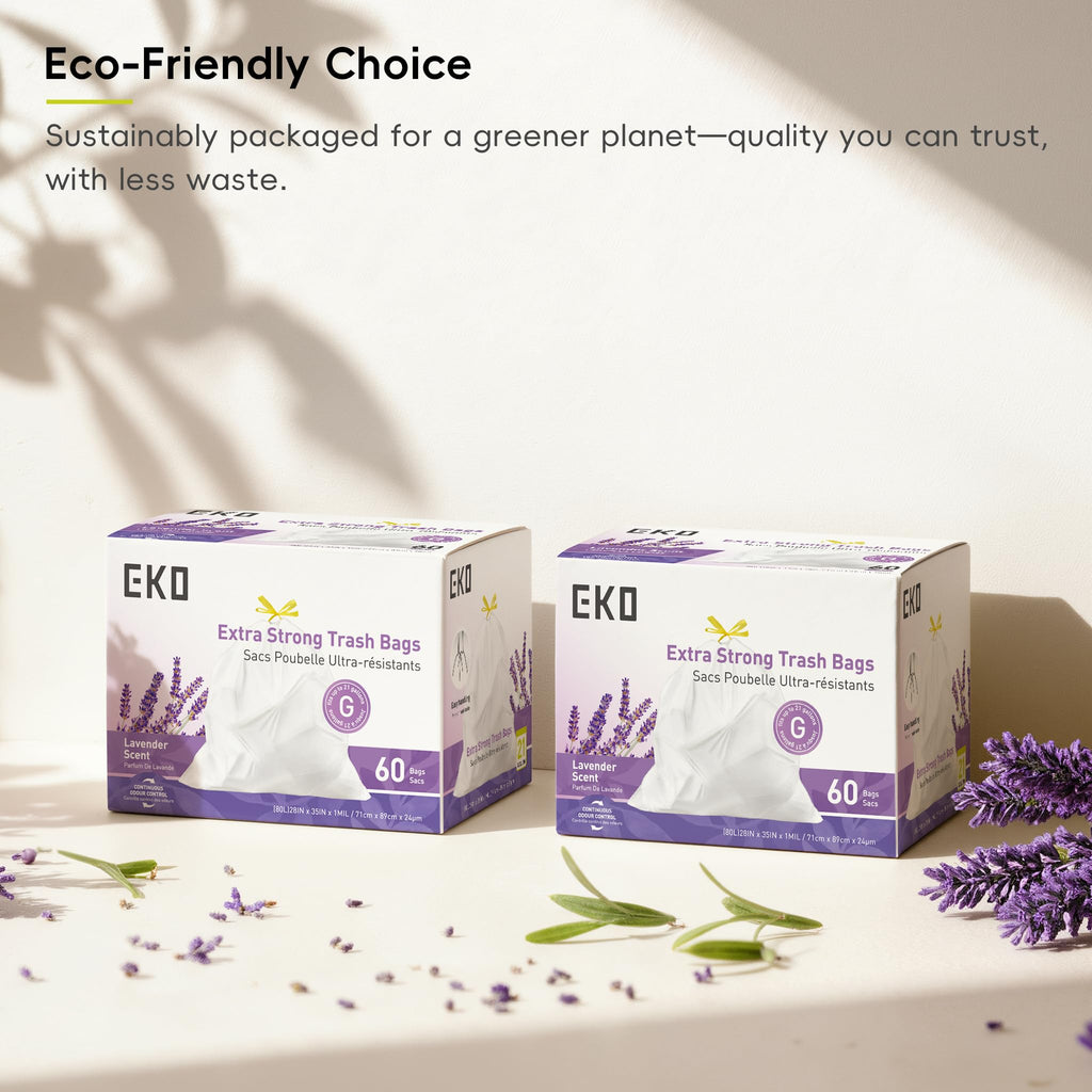 EKO 21 Gallon / 50-90 Liter, 60 Count Drawstring Trash Bags, Extra-Strong Garbage Bags, Lavender Scent with Continuous Odor Control, Easy-Dispense Roll for Kitchen and Household Use, Code G, White