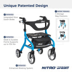 Drive Medical Nitro Sprint Foldable Rollator Walker with Seat - Lightweight Support - Large Wheels - Compact Folding Design - Adjustable Comfort - Standard Size - Blue