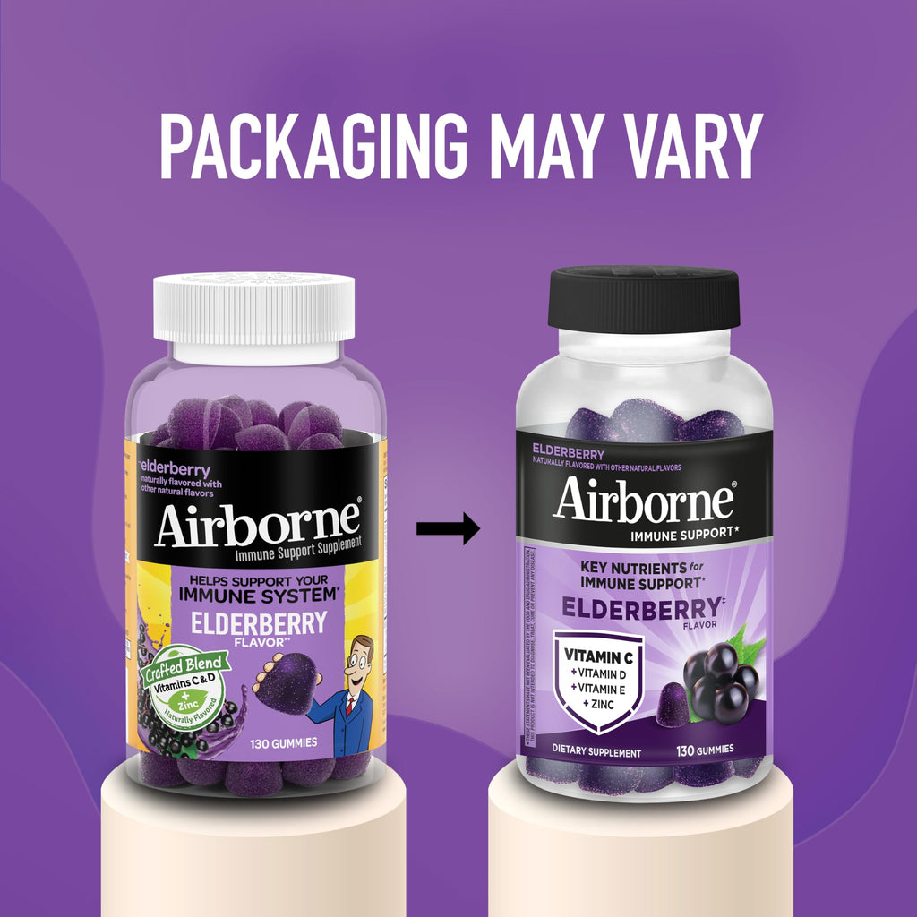 Airborne Elderberry + Zinc & Vitamin C Gummies for Adults,Immune Support with Antioxidants Vitamins C,D & E,Elderberry Flavor,130 Count (Pack of 2)