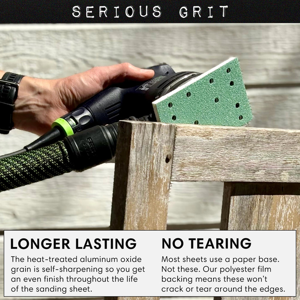Serious Grit - 3" x 5" (80mm x 133mm) 14-Hole 220 Grit Sanding Sheets - Fits Festool RTS 400 & Mirka Deos 353 - Heavy-Duty Hook & Loop Film Abrasives - Sandpaper for Sheet Sanders - 50 Pack Box