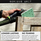 Serious Grit - 3" x 5" (80mm x 133mm) 14-Hole 220 Grit Sanding Sheets - Fits Festool RTS 400 & Mirka Deos 353 - Heavy-Duty Hook & Loop Film Abrasives - Sandpaper for Sheet Sanders - 50 Pack Box