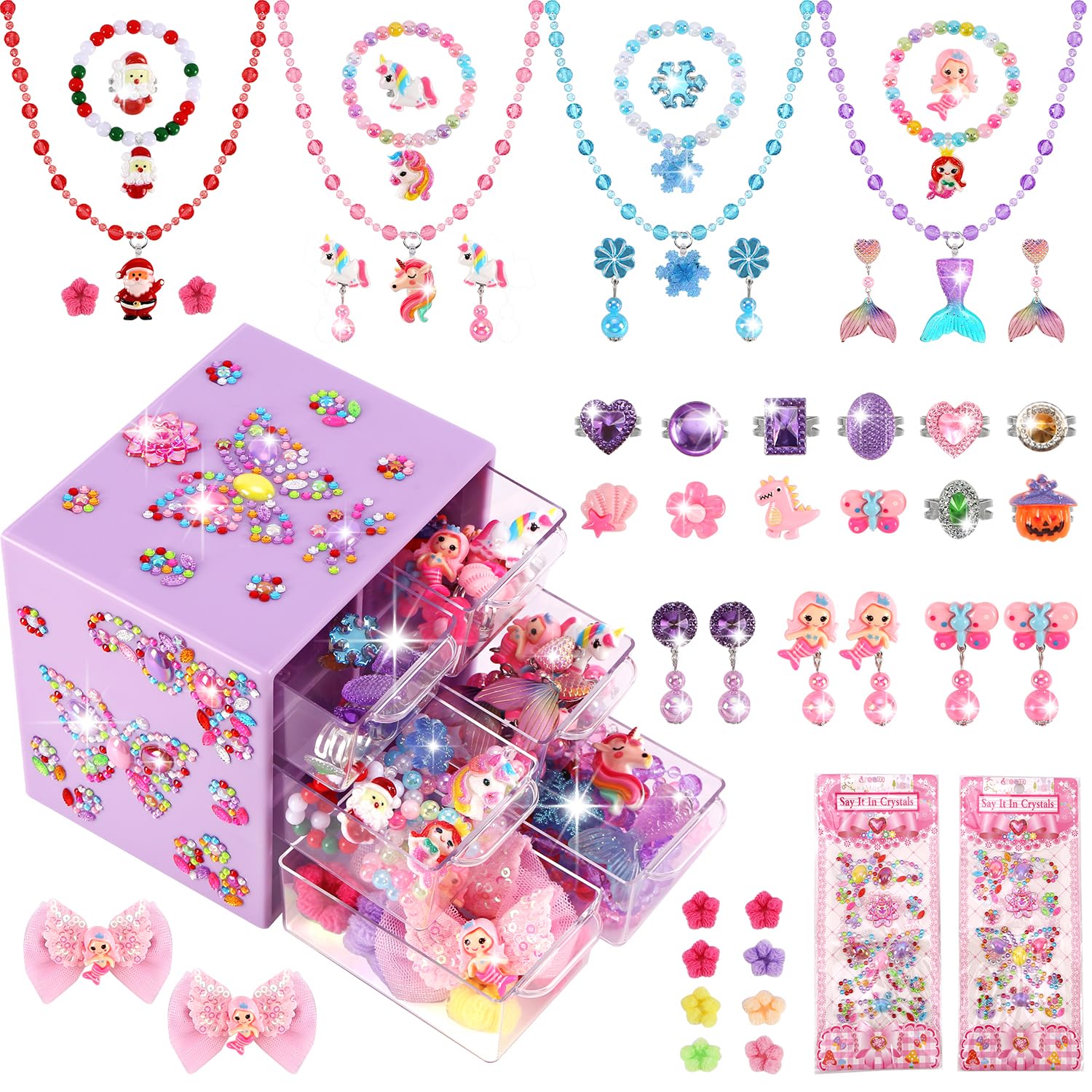 Toddler Girl Toys for Ages 5-7 Littler Girls Jewelry Set,51Pcs Kids Toy for Girls Age 8-10 Clip on Earrings,Princess Toys Adjustable Ring,Girl Toy Age 3 4 5 6-8 Year Old Christmas Birthday Gifts