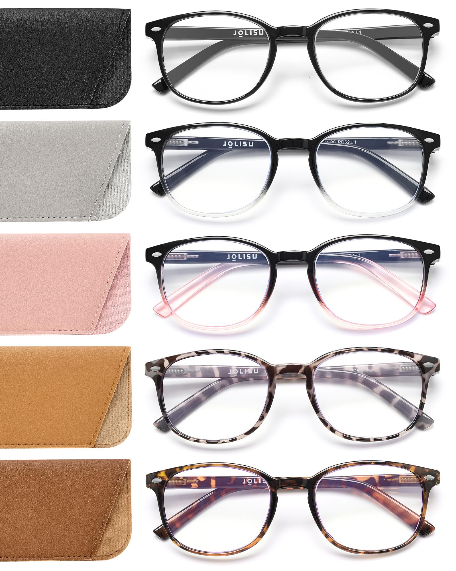 JOLISU 5 Pack Reading Glasses For Women, Blue Light Blocking Computer Reader Spring Hinge Eyeglasses (1.50)
