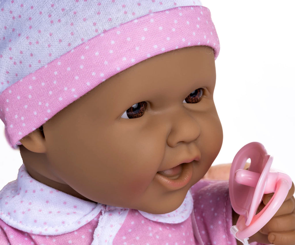 JC Toys La Baby Hispanic 16-inch Small Soft Body Baby Doll La Baby | Washable |Removable Pink and White w/Hat, Pacifier & Magic Bottle | for Children 12 Months +