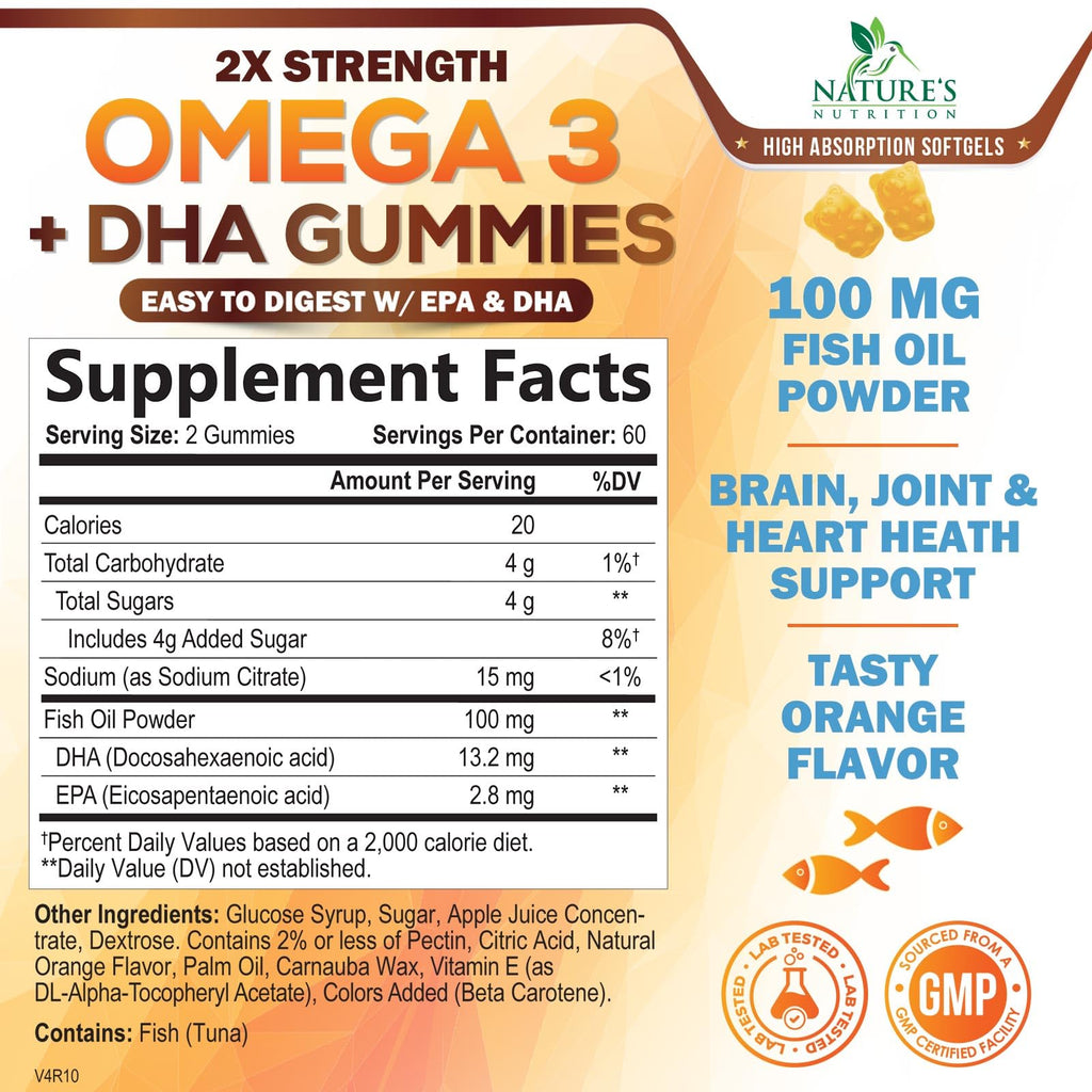 Omega 3 Fish Oil Gummies - 3X Strength Heart Healthy Omega 3 Gummy Supplement with High Absorption DHA & EPA - Joint & Brain Support, Delicious Orange Flavor Fish Oil Natures Vitamin - 120 Gummies