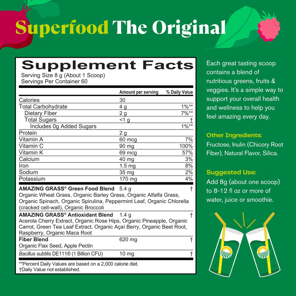 Amazing Grass Greens Blend Superfood: Super Greens Powder with Spirulina, Chlorella, Beet Root Powder, Digestive Enzymes, Prebiotics & Probiotics, Original, 60 Servings (Packaging May Vary)