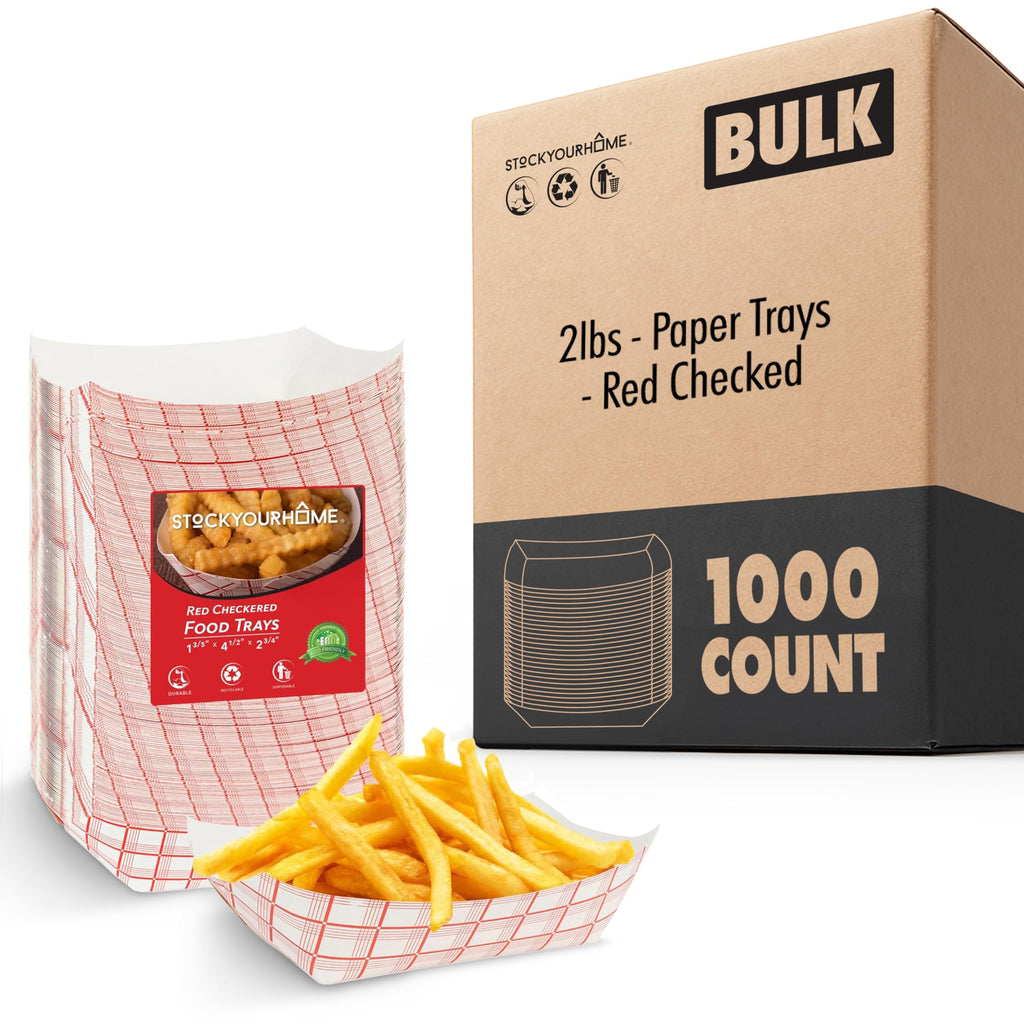 Stock Your Home Paper Food Boats (1000 Pack), 2 lb Disposable Red and White Checkered Trays, Eco Friendly Boats for Concession Food and Condiments
